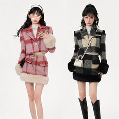 Monet Winter Hot Pink & Black Beige Plaid Jakkenederdel i to dele