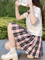 Black Pink Preppy Style Plaid Skirt