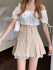 Koreansk plisseret nederdel Beige blondekant