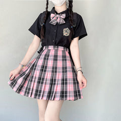 Black Pink Preppy Style Plaid Skirt