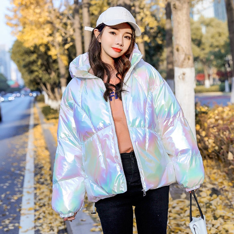 Holographic Glossy Short Puffer Jacket