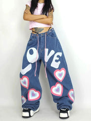 Jeans larghi con cuore per ragazza indie Y2K