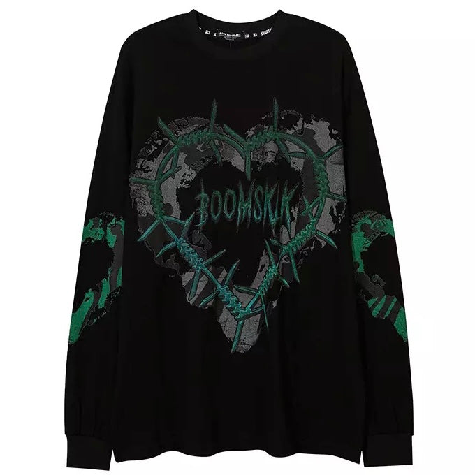 T-shirt LS con cuore di filo spinato verde