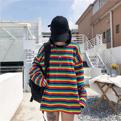 Bright Rainbow Striped Long Sleeves T Shirt