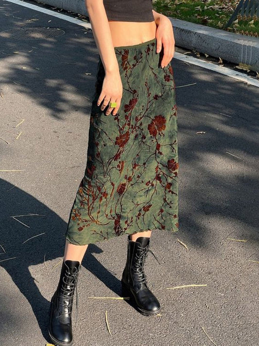 Fairy Grunge Green Floral Midi Skirt