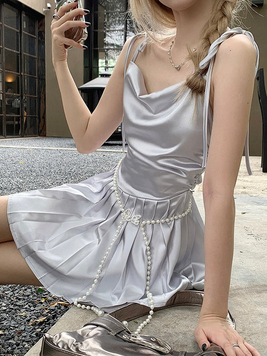 Pearl Chain Balletcore Elegant Cute Suspender Strap Bow Pleated White Silver Satin Dress