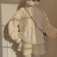 Acacia Velvet Buckle Fur Warm Pink White Jacket Coat