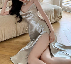 Silver Golden Satin Strap Gown Dress