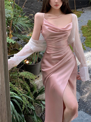 Rose Pink Elegant Regal Satin Strap Maxi Long Slip Kjole