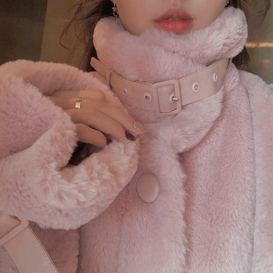 Acacia Velvet Buckle Fur Warm Pink White Jacket Coat