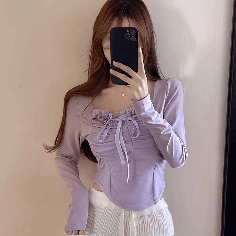 Chic White Purple Sweet Beautiful Lace Ribbon Long Sleeve Shirt Kawaii Side