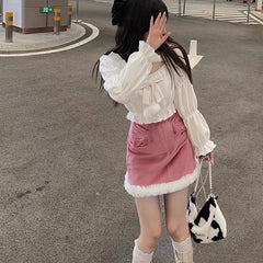 Cute White & Pink Velvet Mini Skirt