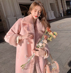 Classic Luxury Neck Strap Woolen Pink Blue Coat