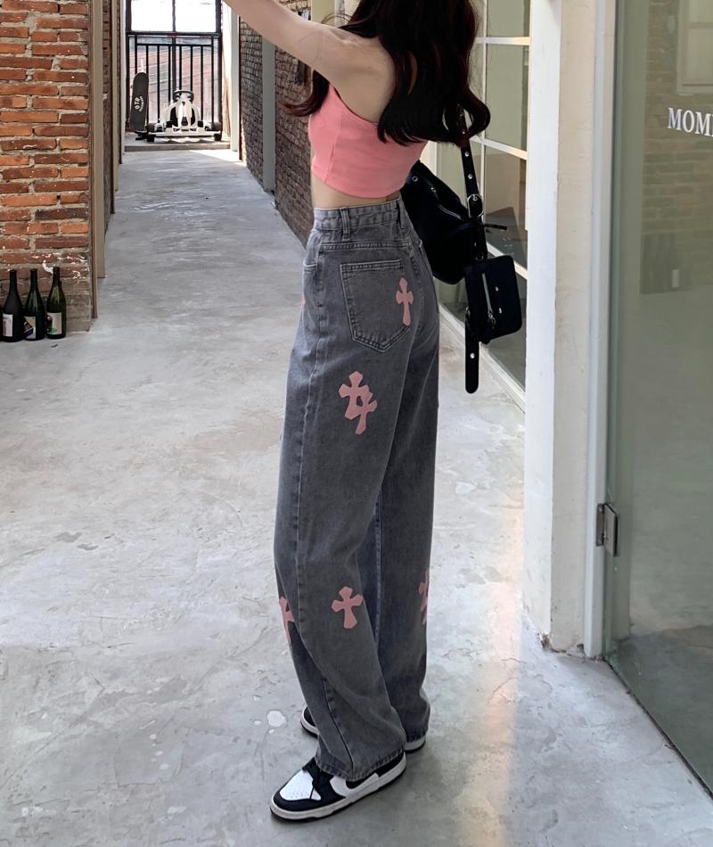 Women Denim Pink Cross Jeans Pants Kawaii Side