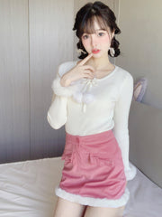 Cute White & Pink Velvet Mini Skirt