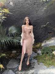 Rose Pink Elegant Regal Satin Strap Maxi Long Slip Dress