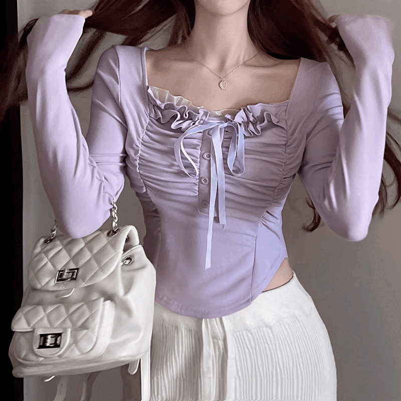 Chic White Purple Sweet Beautiful Lace Ribbon Long Sleeve Shirt Kawaii Side