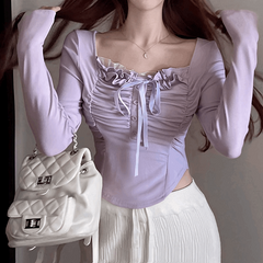 Elegante camicia a maniche lunghe con nastro in pizzo bianco viola dolce