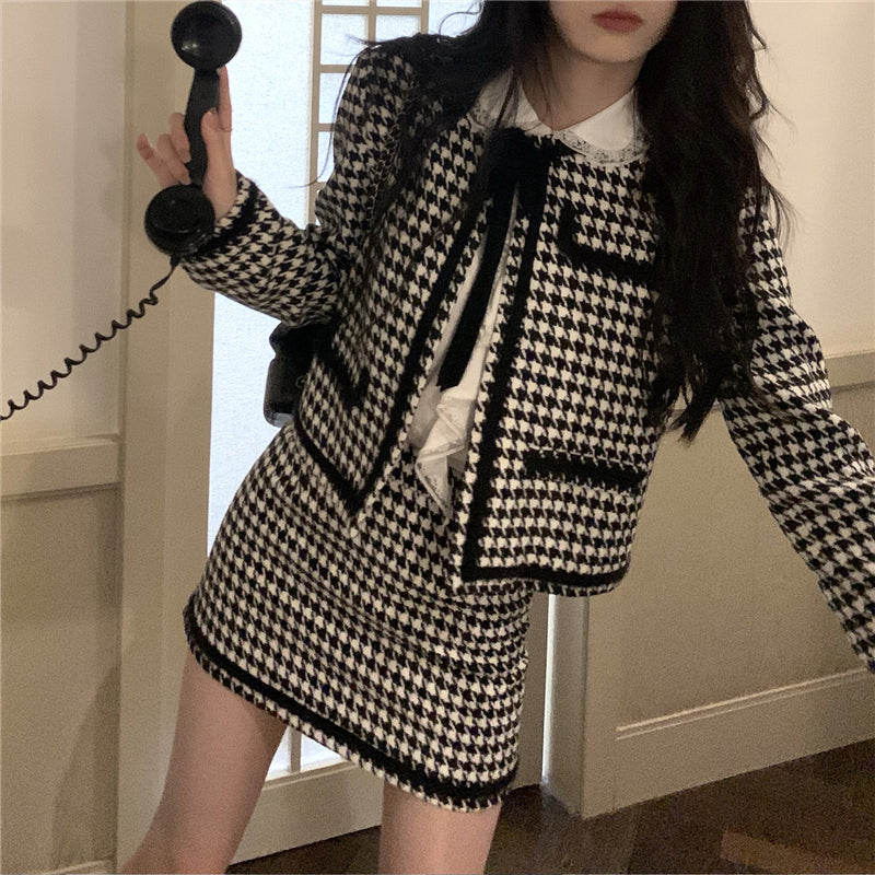 Retro Chic Houndstooth Black and White Jacket & Skirt Two Piece Set Kawaii Side