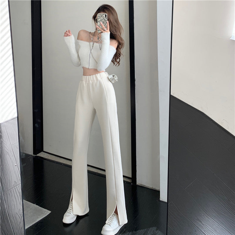 Causual Chic Comfy Velvet Long Wide Leg Gathered Waist Pants Kawaii Side