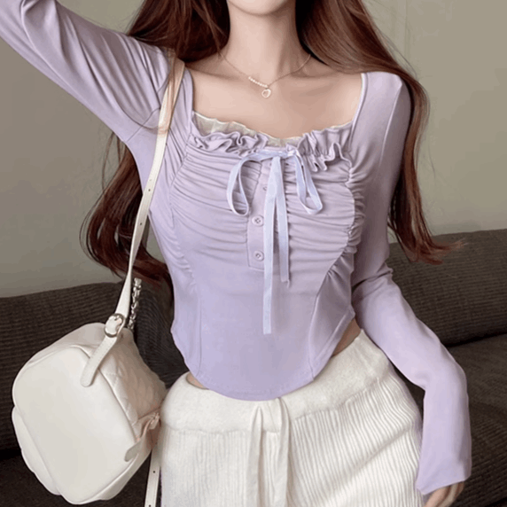 Chic White Purple Sweet Beautiful Lace Ribbon Long Sleeve Shirt Kawaii Side