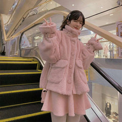 Acacia Velvet Buckle Fur Warm Pink White Jacket Coat