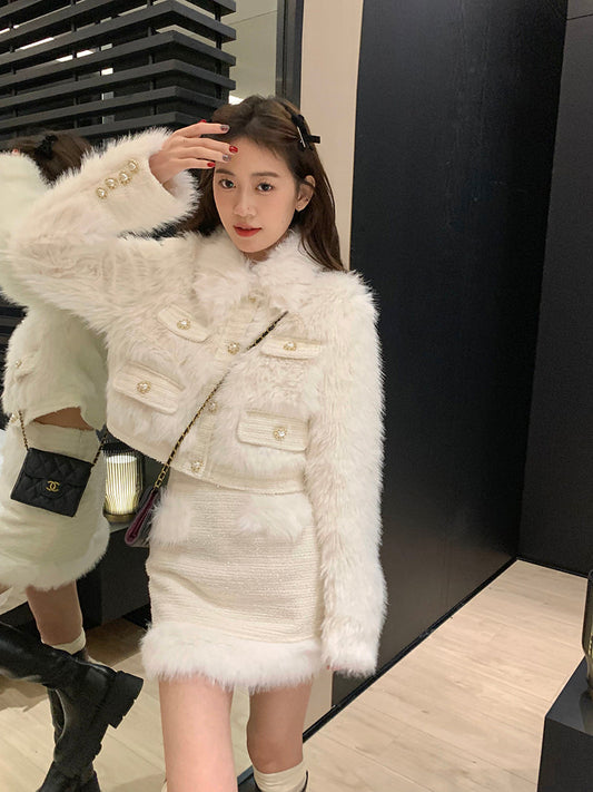 Modern Fluffy White Fur Jacket Top Skirt Two Piece Set