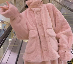 Acacia Velvet Buckle Fur Warm Pink White Jacket Coat