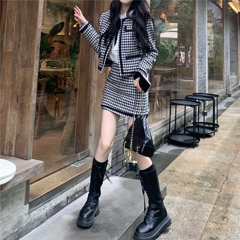 Retro Chic Houndstooth Black and White Jacket & Skirt Two Piece Set Kawaii Side