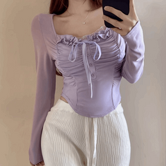 Elegante camicia a maniche lunghe con nastro in pizzo bianco viola dolce