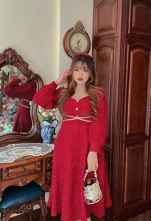 Xmas Christmas Holiday Festive Long Red Dress