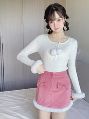 Cute White & Pink Velvet Mini Skirt