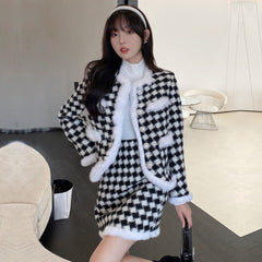 Acacia Classic Houndstooth Fur Collar White Black Jacket Skirt Two Piece Set