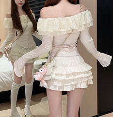 Frill Ruffled Coquette Fit Long Sleeve Cream White Black Top