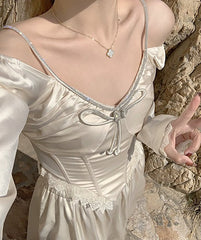 Klassisk Tunika Romantisk Blondesøm Chiffon Off Shoulder Strap Sølv hvid Kjole