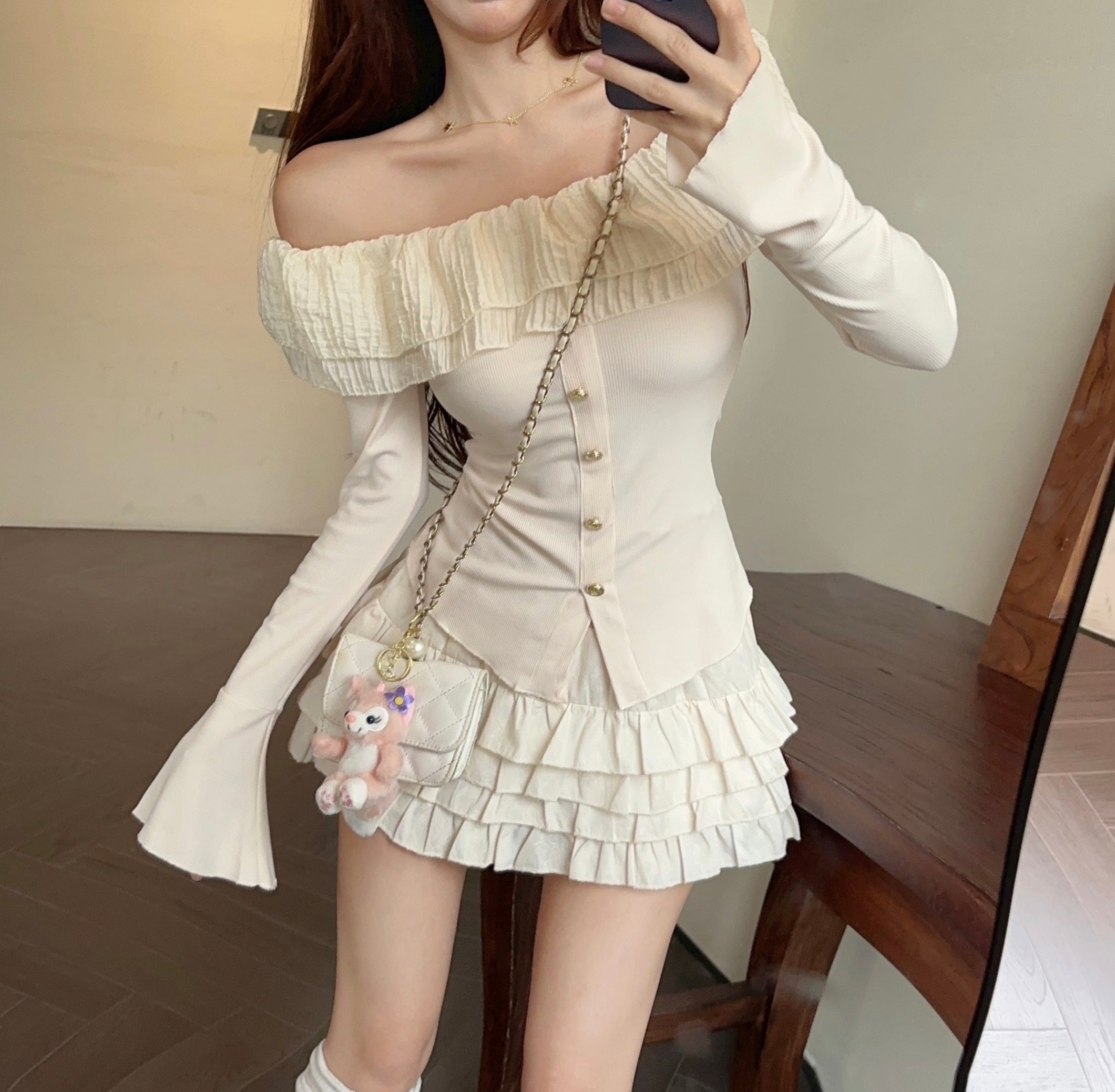 Frill Ruffled Coquette Fit Long Sleeve Cream White Black Top