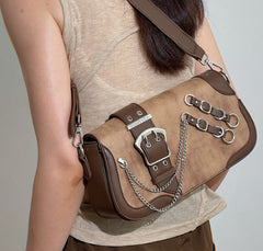 Retro Grunge Industrial Brown Leather Strap Shoulder Bag