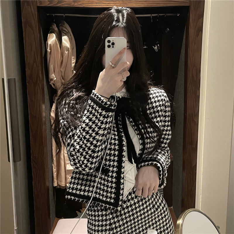 Retro Chic Houndstooth Black and White Jacket & Skirt Two Piece Set