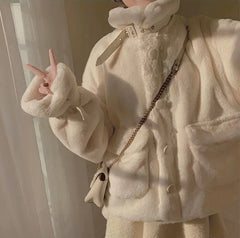 Acacia Velvet Buckle Fur Warm Pink White Jacket Coat