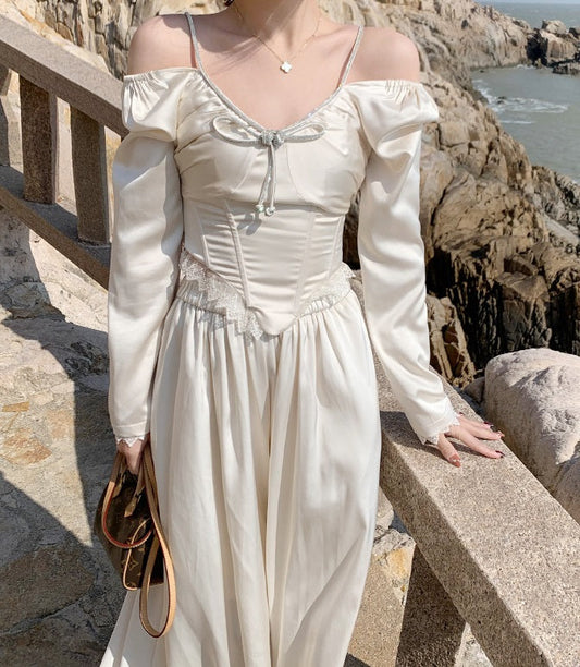 Klassisk Tunika Romantisk Blondesøm Chiffon Off Shoulder Strap Sølv hvid Kjole