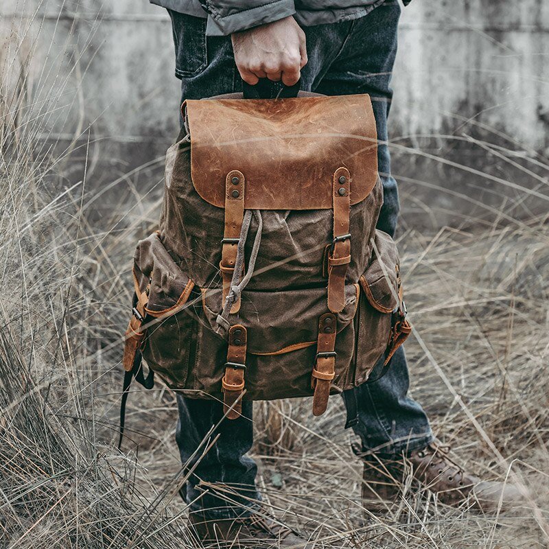 Genuine Leather & Canvas Vintage Backpack