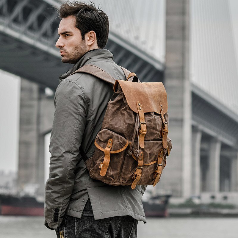 Genuine Leather & Canvas Vintage Backpack