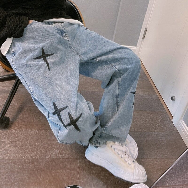 Baggy Pants with Embroidered Stars Y2K - Kawaii Side