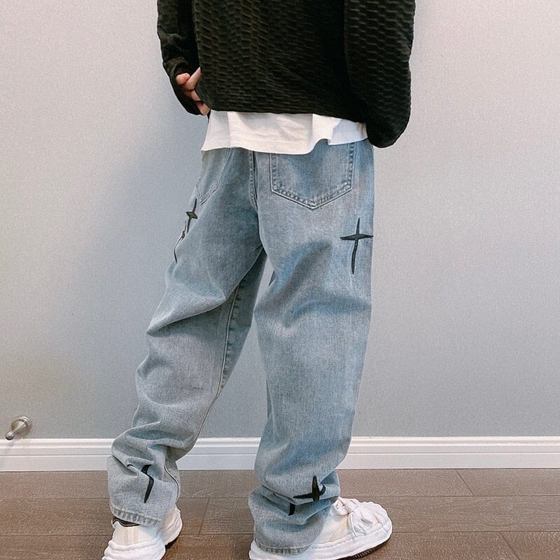 Baggy Pants with Embroidered Stars Y2K - Kawaii Side