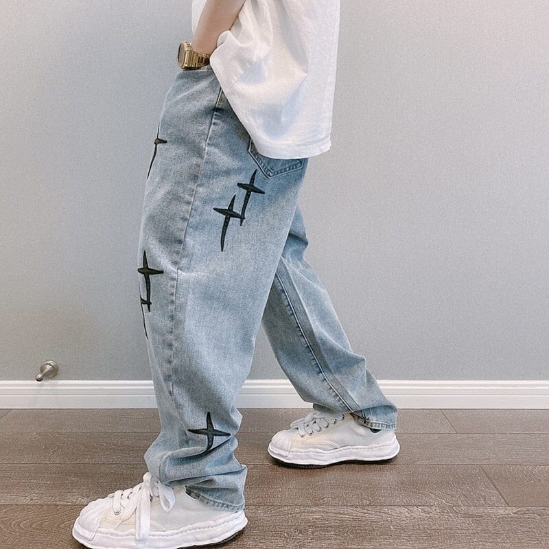 Baggy Pants with Embroidered Stars Y2K - Kawaii Side