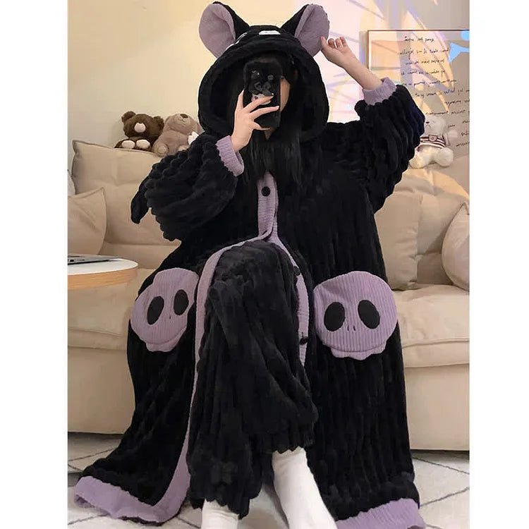 Cartoon Bat Wings Plush Hooded Pajamas Set - Kawaii Side