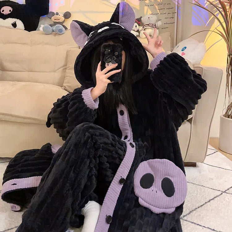 Cartoon Bat Wings Plush Hooded Pajamas Set - Kawaii Side