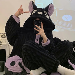 Cartoon Bat Wings Plush Hooded Pajamas Set - Kawaii Side