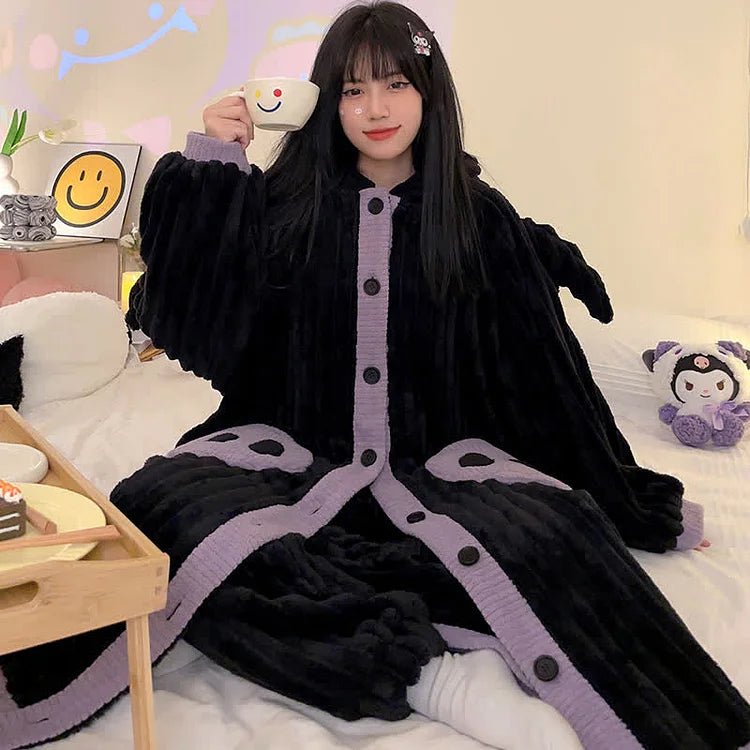 Cartoon Bat Wings Plush Hooded Pajamas Set - Kawaii Side