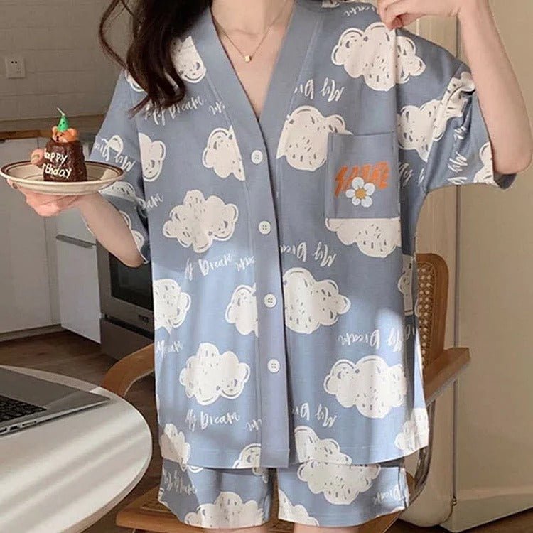 Cartoon Bear Cloud Letter Print Home Pajamas Set - Kawaii Side